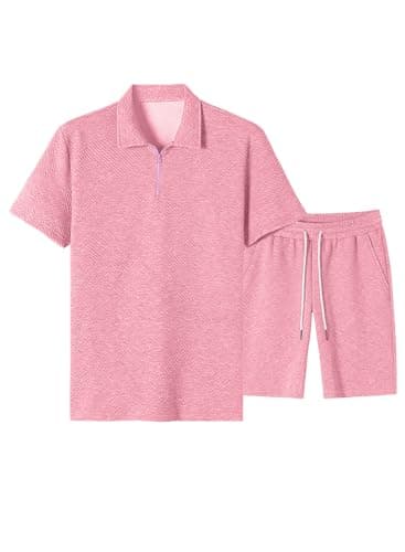 JMIERR Men's Jacquard Knit Lounge Sets Short Sleeve Polo Shirt and Shorts Matching Set Loungewear Sweatsuit with Pockets, 3X-Large, A Pink - Image 1