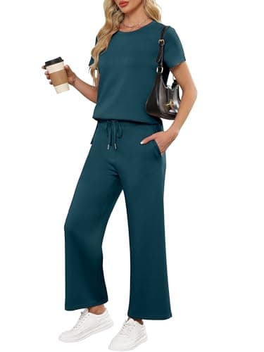 ANRABESS Women 2 Piece Lounge Sets Summer Travel Sweat Outfits Short Sleeve Wide Leg Casual Matching Tracksuits Clothes Lake Green Small