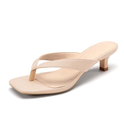 Athlefit Women's Kitten Heels Flip Flops Square Open Toe Low Heels Slip On Comfortable Casual Thong Slide Sandals Nude Size 10 - Image 1