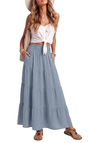 Lepunuo Womens Boho Casual Maxi Skirts Flowy Elastic High Trendy Waisted A-Line Long Skirts with Pockets Beach Vacation - Image 1