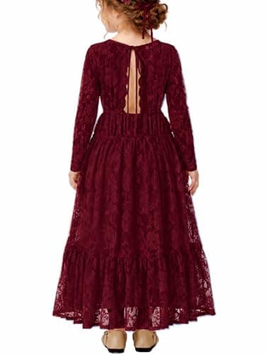 ALLOVIN Toddler & Girls Long Sleeve Lace Flower Girl Dress Maxi Boho A-Line Dress for Wedding Baptism 1st Communion | Burgundy | 6-7Y - Image 1