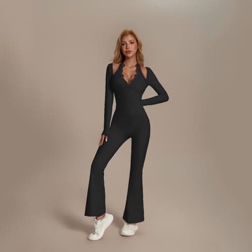KAIFUYING One Piece Wide Leg Jumpsuits For Women Workout Long Sleeve Jumpsuit Flare Yoga Romper V-Neck Sexy Lace Black-M - Thumbnail 5