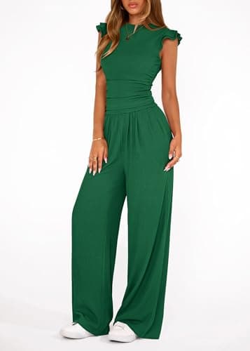 KIRUNDO Two Piece Sets For Women Dressy 2026 Summer Cap Sleeve Cute Tops Wide Leg Pants Spring Matching Set Vacation Outfits(Green, XX-Large) - Thumbnail 4