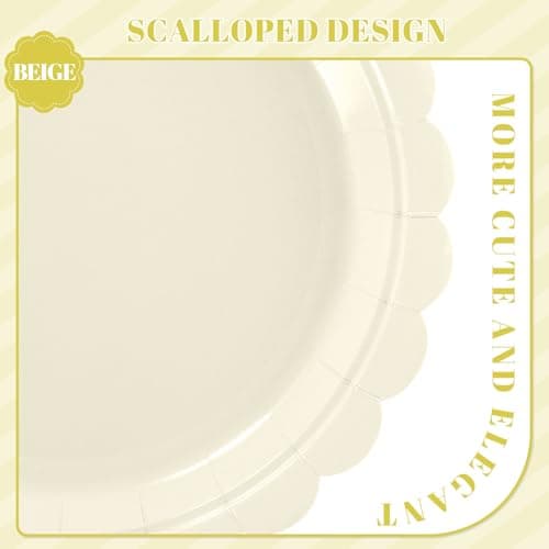 NatNarr 30 Pcs Ivory Paper Plates 9 Inch Disposable Scalloped Cream Plates Cute Beige Dessert Cake Plate Party Dinner Plate for Baby Shower, Wedding, Bridal Shower - Thumbnail 3
