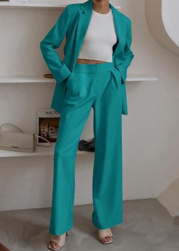KIRUNDO Women Suits 2 Piece Set Business Casual Dressy Oversized Blazer Jacket and Wide Leg Dress Pantsuits Formal Outfits(Blue Green, XX-Large) - Thumbnail 6
