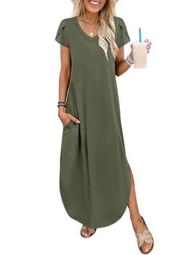 ANRABESS Womens Summer Maxi Dresses 2026 Casual Short Sleeve V Neck Loose Split Long Beach Sundress Travel Vacation Clothes Olive Small