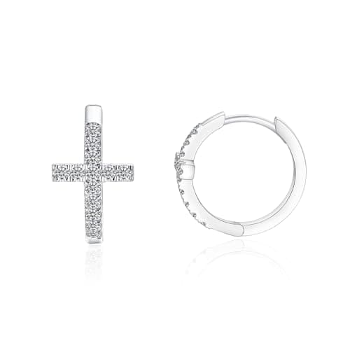 IMOLOVE Moissanite Huggie Hoop Earrings for Women, Everyday Fashion 0.4 Carat Silver Cross Hoop Earrings Sterling Silver with 18K White Gold Plated - Image 1