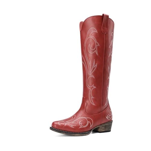 DREAM PAIRS Womens Cowboy Boots Comfortable Cowgirl Knee High Boots Pull On Side Zipper Chunky Heel Embroidered Western Boots,Size 6.5,Red,DWUMKB2502 - Image 1