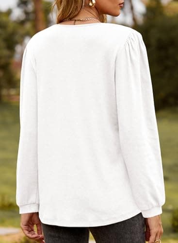 Dokotoo Trendy Puff Sleeve Tops Women V Neck Ruffle Detailing Blouse Lightweight Spring Shirt White Tops XL - Thumbnail 2