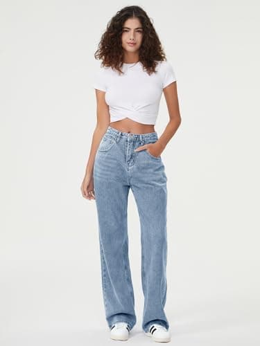 HDLTE Baggy Stretchy Jeans for Women High Waisted Trendy Wide Leg Jeans Boyfriend Denim Pants with Patch Pockets(Light Blue,X-Small) - Thumbnail 5