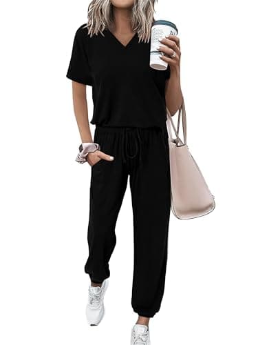 MASCOMODA Womens 2 Piece Outfits Summer Casual V Neck Short Sleeve Tops Long Pants Tracksuit Lounge Jogger Set with Pockets(Black,Large) - Image 1