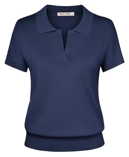 GRACE KARIN Short Sleeve Sweater for Women, Business Casual Knit Polo Shirt, V Neck Collared Pullover Tops Navy Blue L - Image 1
