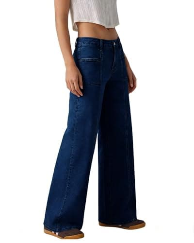 Flvsun Women's High Waisted Wide Leg Jeans Strechy Straight Leg Baggy Jeans Denim Pants Trendy 2026 Dark Blue L - Thumbnail 5