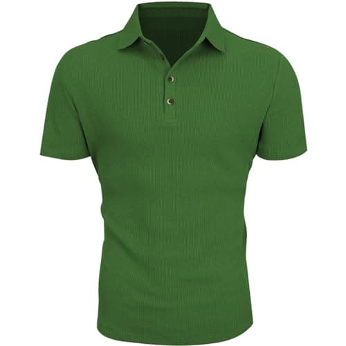 Gnvviwl Men's Casual Polo Shirts Classic Button Basic Short Sleeve Waffle Solid Fit Golf Tees Stylish Tops Green - Thumbnail 4