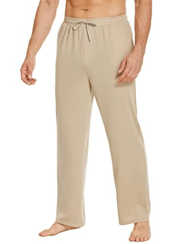 Deyeek Men's Lightweight Sweatpants Open Bottom Loose Fit Straight Leg Gym Sweatpants Wide Cotton Lounge Pants with Pockets Khaki