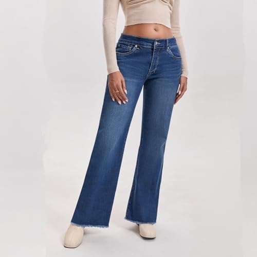 WAISUNZLM Women's High Waisted Bootcut Jeans Wide Leg Stretchy Denim Pants with Raw Hem Dark Blue - Thumbnail 3
