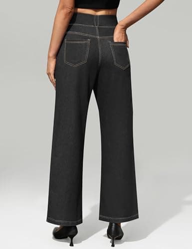 AVAMO Stretchy Jeans Wide Leg Jeans for Women Trendy Pull On High Waist Tummy Control Sweatpant Jean Denim Pants with Pockets Black - Thumbnail 2