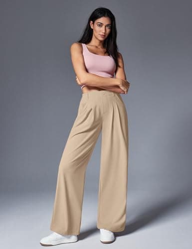 IUGA Wide Leg Pants Woman Pull on Stretchy Work Dress Pants High Waisted Business Casual Trousers Slacks Standard, Small, Light Khaki - Thumbnail 3