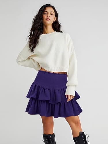 Vigorics Purple Ruffle Mini Skirt with Shorts High Waisted A Line Cute Fall Skirt for Women Girls XL - Thumbnail 5