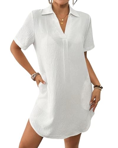 Bsubseach Swimsuit Coverup for Women 2026 Pull Over Shirt Dress Beach Cover Ups with Pocket Vacation Outfits White XL - Image 1
