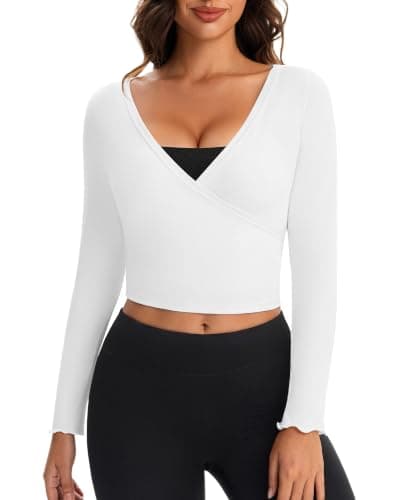 MFAVIP Womens Wrap Tops Long Sleeve Pilates Dance Shirts Yoga Workout Tops White - Image 1