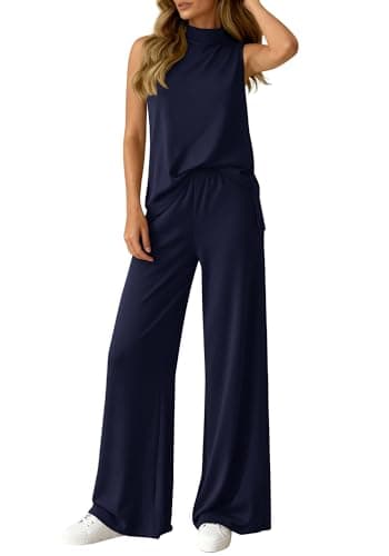 BTFBM 2 Piece Outfits For Women Airport Travel Summer 2026 Loose Mock Neck Sleeveless Wide Leg Pants Workout Lounge Sets(Navy Blue, X-Large) - Image 1
