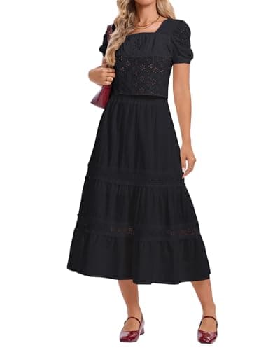 Ystguic Women's Casual Summer Spring Boho Lightweight Tiered Midi Cotton Skirt Ladies Eyelet Lace Embroidery Ruffle High Empire Waist Elasticated A Line Flowy Beach Skirts X-Large Black YG055 XL - Thumbnail 6