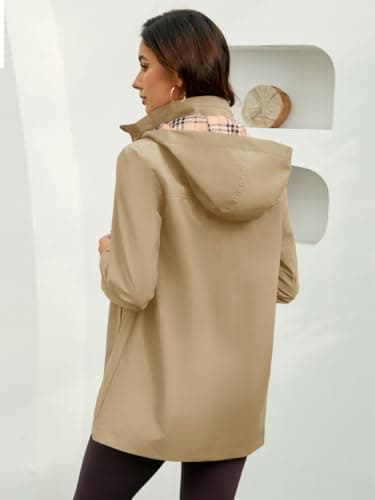 MODERN BUBBLE Womens Long Hooded Rain Jacket Waterproof Outdoor Hiking Raincoat Windbreaker Lightweight Trench Coat (US, Alpha, X-Large, Regular, Regular, Sandy) - Thumbnail 6