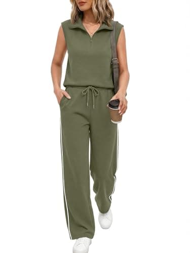 Casly Lamiit Two Piece Sets for Women 2026 Summer Travel Airport Outfits Half Zip Sleeveless Top Wide Leg Sweatpants Casual Lounge Set Army Green L - Image 1