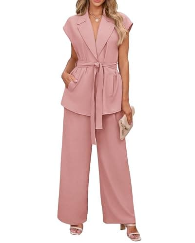 PRETTYGARDEN Women's Two Piece Outfits 2025 Formal Blazer Sets Belted Long Blazer Vest Loose Palazzo Pant with Pockets(Solid Light Pink,Small)