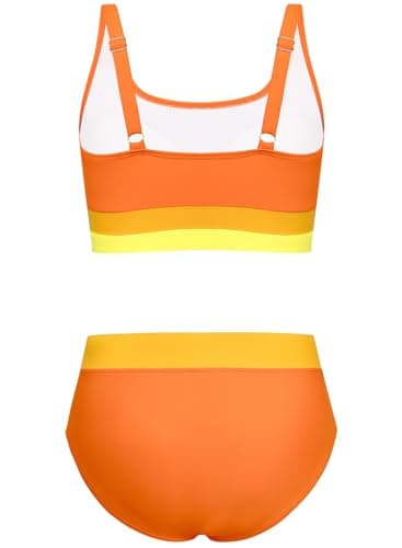 Alakuoti Girls Swimsuit Color Block Adjustable Straps Bikini Sets Teen Girl Two Piece Bathing Suits with Chest Pad Size 16 Orange - Thumbnail 2