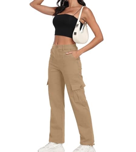 Plus Sized Y2K Wide Leg Cargo Pants for Women High-Waist Hiking Trousers with Drawstring Casual Baggy Pants 2025 A - Khaki - Thumbnail 2