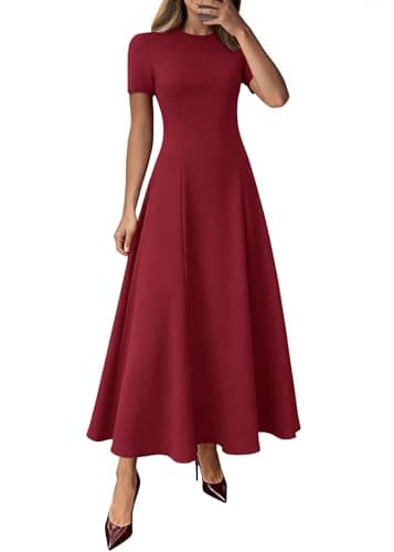 KIRUNDO Wedding Guest Dresses for Women 2026 Spring Summer Short Sleeve Pleated Long Flowy A Line Formal Maxi Dress Pockets Burgundy - Image 1