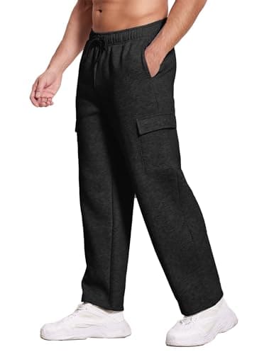 Deyeek Men's Black Fleece Cargo Sweatpants with Pockets Open Bottom Sweat Pants for Mens Winter Thick Loose Fit Lounge Pants - Image 1