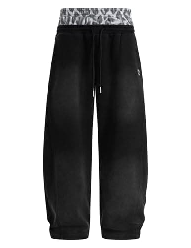 Aelfric Eden Leopard Double Waist Baggy Sweatpants Wide Leg Trouser Casual Lounge Pants with Pockets Unisex Black M - Thumbnail 3