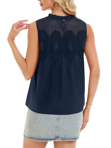 Funlingo Lace Tops for Women Poplin Mesh Cute Blouses Dressy Casual Sleeveless Flared Swing Tank Top Crew Neck Shirt Intricate Back Design Navy Blue S - Thumbnail 4