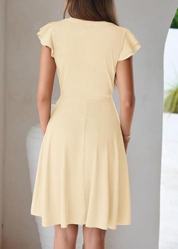 Lazysmile Summer Dresses for Women Ruffle Short Sleeve V Neck A Line Swing Ribbed Knit Casual Mini Short Dress Apricot - Thumbnail 2