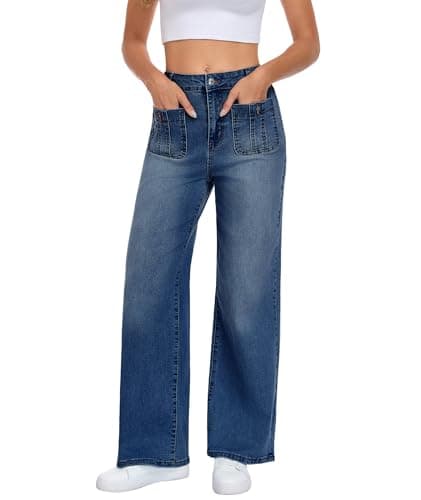 MARIASHA Wide Leg Jeans for Women, High Waist Stretchy Baggy Jeans, Blue Washed Denim Pants with Dual Pockets - Image 1