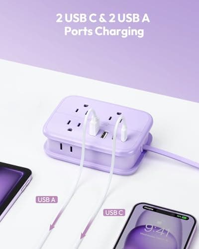 NTONPOWER Purple Travel Power Strip, 6 Outlets 4 USB Ports(2 USB C), 4ft Purple Extension Cord Wrapped Around Small Power Strip, Compact for Travel, Hotel, Cruise Approved - Thumbnail 6