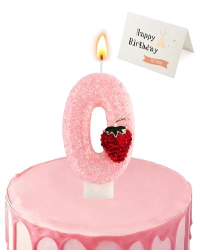 Birthday Candles for Cake, Pink Number Candles, Cake Candles with Greeting Card for Birthday Party Wedding Anniversary Celebrations (Strawberry 0 Candle) - Image 1