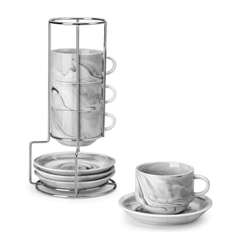 MALACASA 4 OZ Porcelain Espresso Cups with Saucers and Metal Stand Set of 4, Stackable Cappuccino Cups, Marble Gray Expresso Shots Cup Set for Coffee Drinks, Latte, Tea