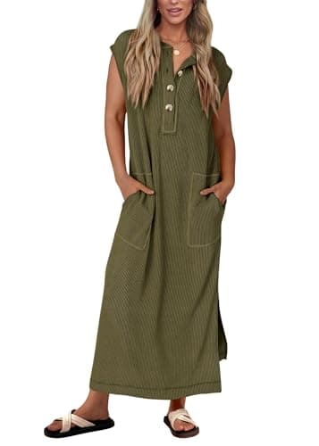 KIRUNDO Womens Summer Dresses 2026 Spring Ribbed Knit Henley Short Sleeve Maxi Dress Button Up Loose Beach Vacation Sundress(Army Green, Small)