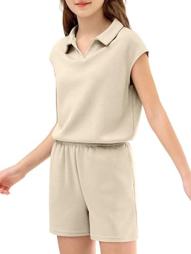 XMWEALTHY Cute Clothes for Girls Summer Casual Activewear Comfort Short Sleeve Tops and Shorts with Side Pockets 2 Piece Outfits for Going Out Holidays Dark Beige 5-6T - Thumbnail 3