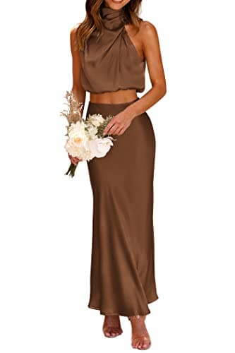 PRETTYGARDEN Women's 2 Piece Satin Outfits Summer Sleeveless Mock Neck Crop Tops and Long Skirt Dress Sets (Khaki,X-Large)