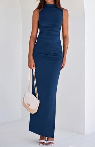 BTFBM Womens Two Piece Outfits Summer Lightweight 2026 Mock Neck Sleeveless Knit Tops Maxi Skirt Set Going Out Dress(Dark Blue, Small) - Thumbnail 2