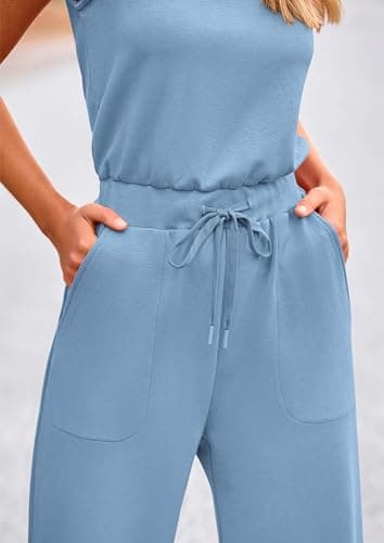 PRETTYGARDEN Jumpsuits for Women Casual 2026 Summer Sleeveless Wide Leg Pants Rompers One Piece Beach Vacation Spring Outfits (Light Blue,X-Large) - Thumbnail 5