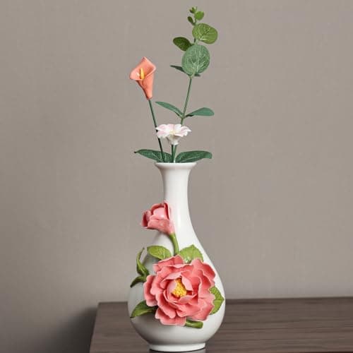 Handmade Pinched Flowers Ceramic Vase with One Ceramic Rose Flower, Home Decor Ceramic Vase for Dining Table, Living Room, Kitchen, Bedroom, Shelf, Office, Coffee Table, Restaurant & Fireplace Mantel - Thumbnail 4