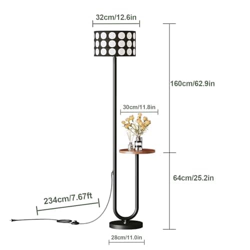 Floresita 62.9" Floor Lamp with Table Brown, Black Lampshade Vintage Standing Lamp with Tray Foot Switch, 3 Color Temperatures LED Bulb Included, for Living Room, Bedroom - Thumbnail 6