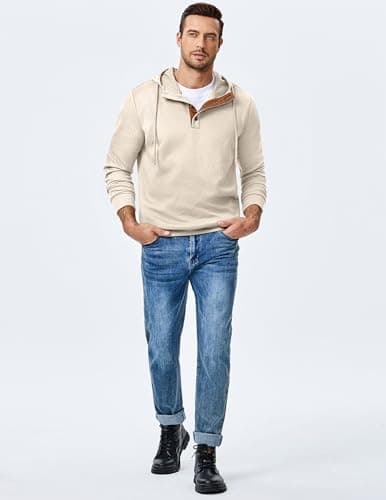 JMIERR Mens Early Fall Fashion Hoodies Casual Cotton Hooded Collar Drawstring Textured Long Sleeve Half Button Pullover Sweatshirts, XL, Beige - Thumbnail 3