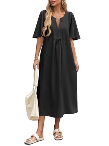 Wenrine Womens Flutter Short Sleeve Maxi Dress Casual V Neck Loose Flowy Long Summer Dresses Black - Image 1